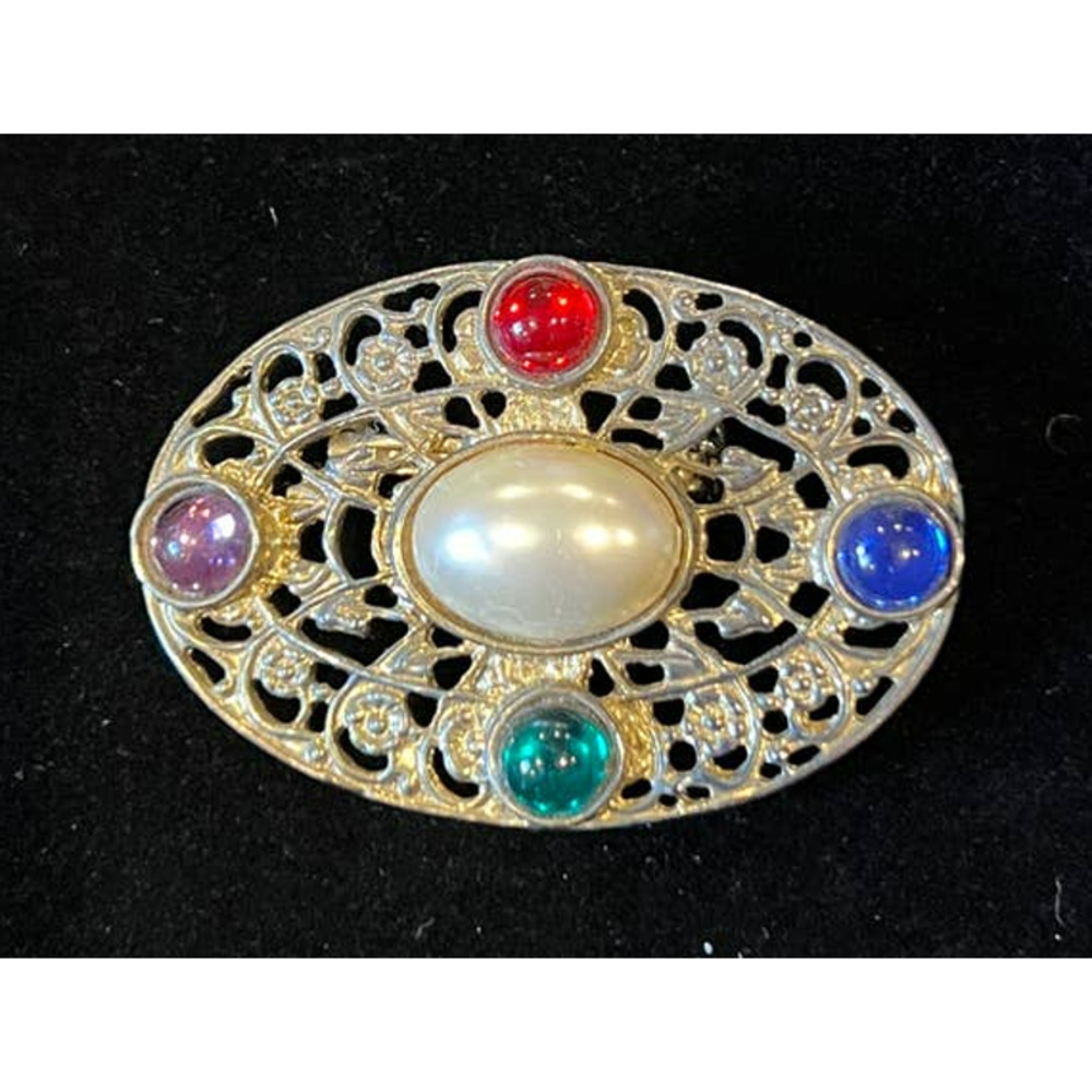 VTG Brooch Faux Pearl Cabochon Colorful Stones Gold Tone Metal Filigree Design